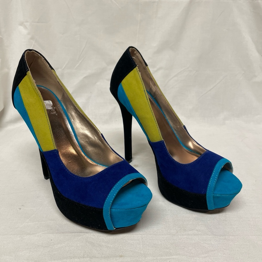 Qupid Women’s Peep Toe Heels - Black Purple Blue Yellow- Size 9